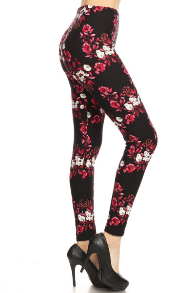 One Size _ Red & Black Floral Leggings